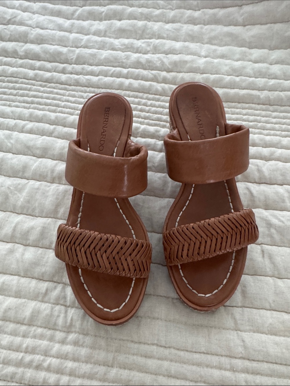 Bernardo Cognac Double-Strap Woven Leather Slides